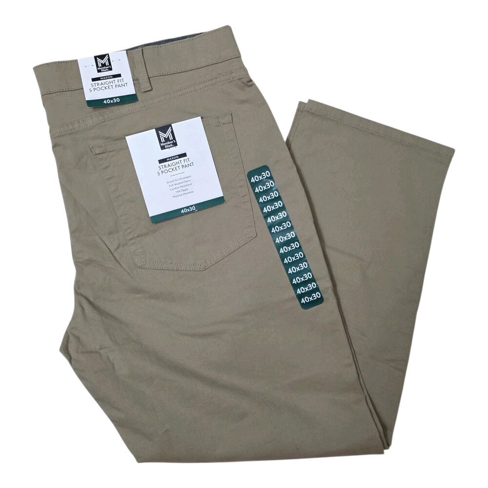 Member's Mark Khaki Pants 40x30 Straight Fit Stretch 5 Pocket Casual New